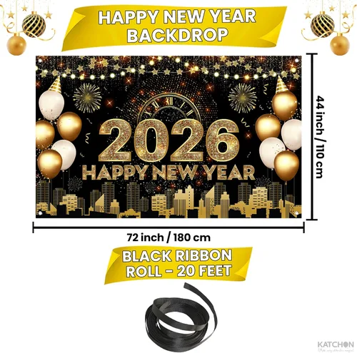 Miniatura 2 de Katchon, Xtralarge - Cartel de feliz año nuevo – 72 x 44 pulgadas Cartel dorado de feliz año nuevo 2026 para decoraciones de Año Nuevo 2026