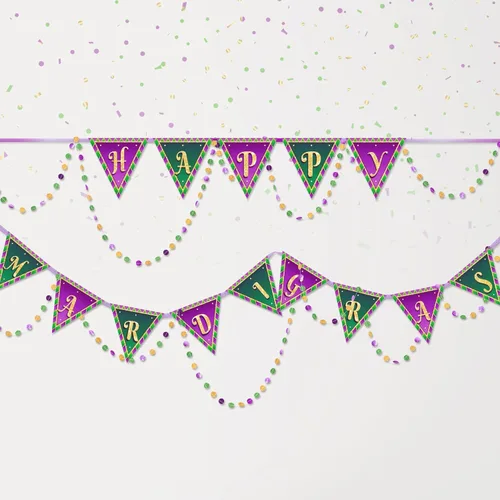 Cheerland Cartel de Feliz Mardi Gras, decoraciones de Mardi Gras, bandera de guirnalda de martes gordos verde, morado, cuentas doradas, banderines,