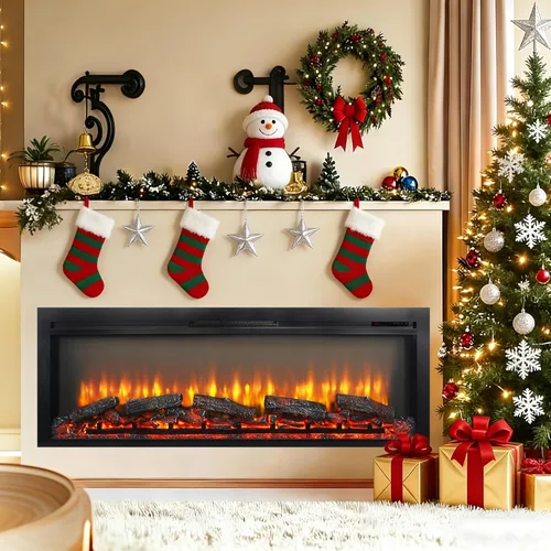 Miniatura 10 de Inserto de chimenea eléctrica de 44 pulgadas, llama y tronco realistas, calentador de chimenea con brillo de llama ajustable y termostato