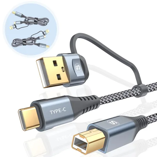 Miniatura 14 de Cable de impresora USB-A/C a USB-B 2 en 1 [paquete de 2, 6.6 pies] USB C MIDI cable trenzado de nailon de alta velocidad para MacBook Pro/Air, Negro