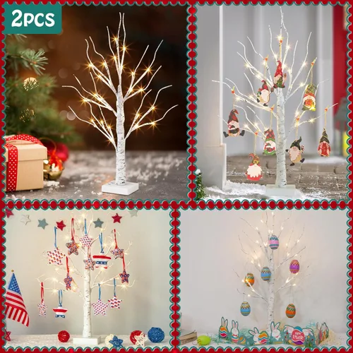 Miniatura 5 de Vanthylit - Juego de 2 árboles de abedul blancos con luces LED, árbol de mesa con temporizador, árbol de Navidad iluminado para decoración
