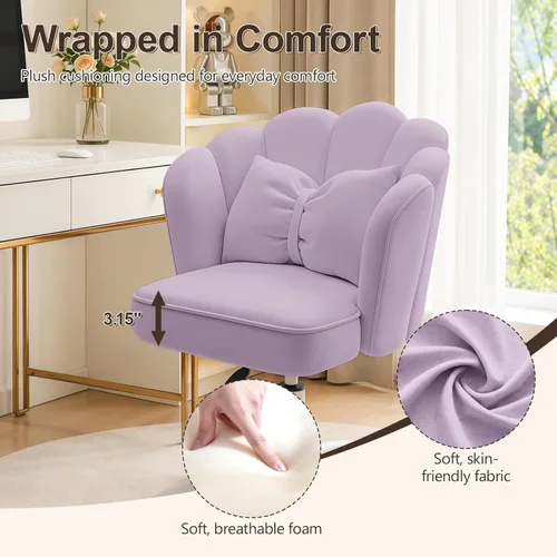 Miniatura 5 de Silla de tocador con ruedas Silla de escritorio de terciopelo con pétalos Silla de oficina en casa copetada tapizada para mujeres y niñas, Silla