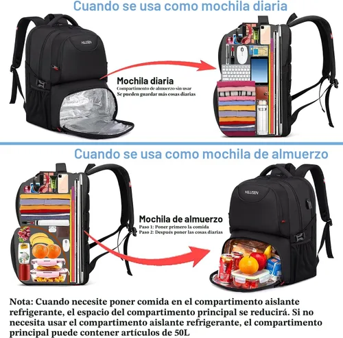 Miniatura 4 de HILUSEN Mochila extra grande para hombres 50L, mochila con aislamiento térmico para almuerzo, resistente al agua de 17 pulgadas, mochila