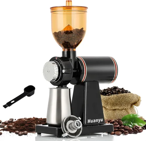 Huanyu Molinillo de café de acero inoxidable eléctrico con 8 ajustes de molienda molienda plana molinillo de café de rebabas ajustables para uso