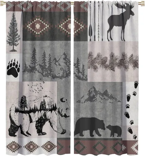 Cortinas rústicas de oso alce y ciervo, estilo retro, pino, cabaña, campestre, campamento, tratamiento de ventana, vintage, tribal, azteca, Oso-2