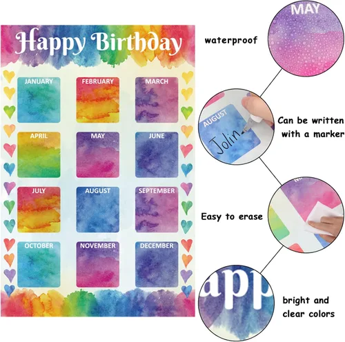 Miniatura 4 de Tabla de feliz cumpleaños para aula, 2 unidades, decoración de póster de cumpleaños de 17 x 12 pulgadas, recortes de calendario de cumpleaños