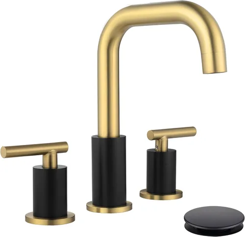 ChiLDano Grifo de baño extendido de 8 pulgadas con desagüe y manguera de suministro, grifo de baño negro y dorado para lavabo de 3 orificios, grifo