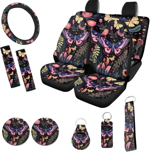Miniatura 18 de Accesorios estéticos para automóvil, juego completo de fundas de asiento de automóvil con flores bohemias para mujeres, damas, juego de decoración