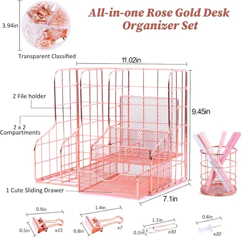 Miniatura 3 de TNELTUEB Organizador de escritorio de oro rosa con 6 compartimentos, suministros de malla de metal para la oficina en casa, lindo soporte