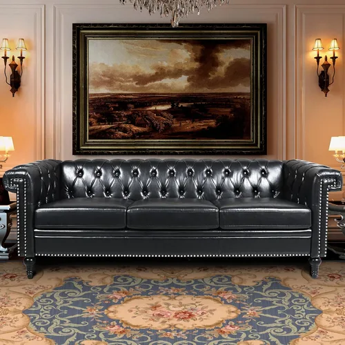 Sofá Chesterfield de piel sintética negra para sala de estar, asiento profundo, cómodo sofá de 3 plazas de gran tamaño, con botones, con cabeza de