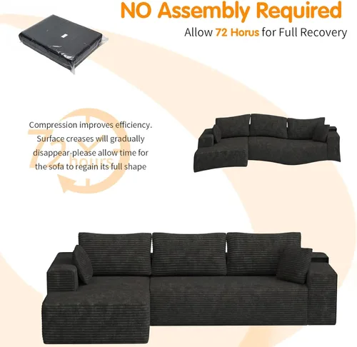 Miniatura 8 de Sofá seccional Cloud de 104 pulgadas con diván en forma de L, moderno sofá modular seccional de pana, sofás sin hueso para sala de estar y Negro