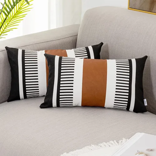 Miniatura 24 de Funda de almohada bohemia de color blanco y negro con piel, funda de cojín moderna de 22 x 22 pulgadas, funda de almohada de rayas estilo campestre