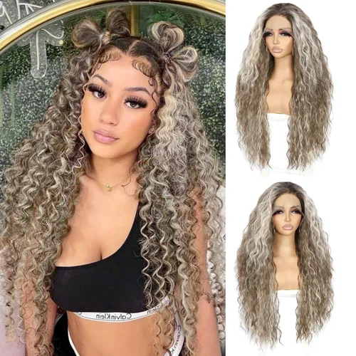 Miniatura 10 de SAPPHIREWIGS Pelucas de encaje frontal color marrón, sin pegamento, onda de agua, de encaje frontal sintético, para mujeres afrodescendientes