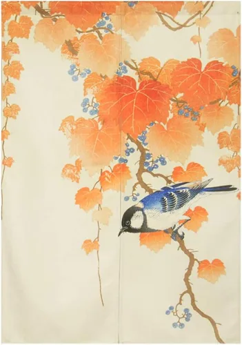 Cortina japonesa Noren para puerta, pintura de tinta, hojas y pájaros, cortina para puerta, tapiz divisor de habitación, 33 x 35 pulgadas Bird 2 (no