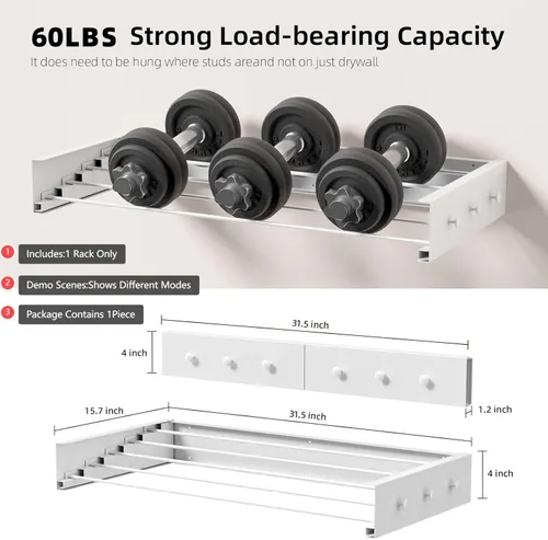 Miniatura 2 de ZMBESUP Mejora Perchero de Secado de Ropa, Perchero de 80 cm de Secado de Ropa Montado en la Pared, Plegable, 5 Varillas de Aluminio con 6 Ganchos