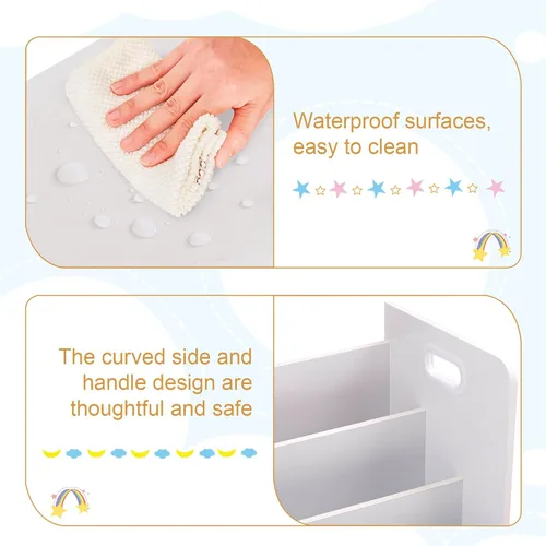 Miniatura 10 de VECELO Estantería para niños, 2 en 1 con estantes y 3 cubos de diferentes tamaños, organizador de madera para almacenamiento de juguetes para Blanco