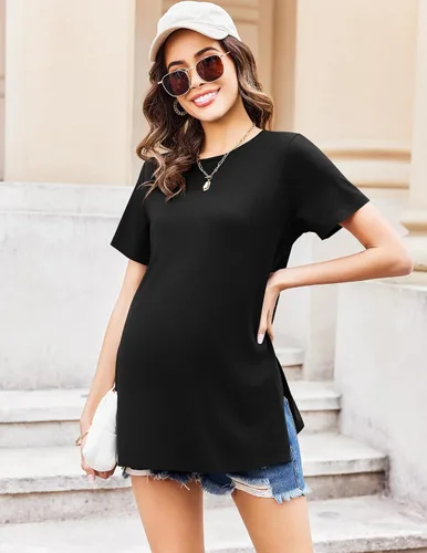 Miniatura 3 de Ekouaer Camisas de maternidad para mujer, manga corta, blusas de embarazo con abertura lateral, casual, cuello redondo, túnica para embarazadas