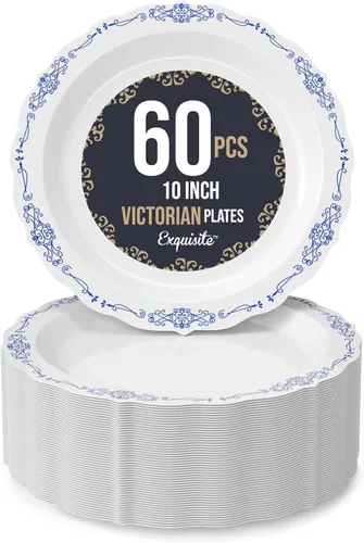 Miniatura 21 de SIZENAME - Platos de plástico desechables, diseño victoriano de calidad premium, color crema, para fiestas y bodas, 60