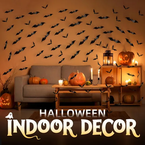 Miniatura 2 de CLEANGOR 140 piezas de murciélagos para decoración de Halloween, suministros de fiesta de Halloween, calcomanías de pared de murciélagos 3D, bonitas