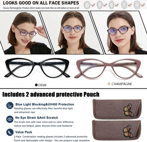Miniatura 7 de EYEURL Gafas de lectura de ojo de gato para mujer, paquete de 2 unidades con bloqueo de luz azul, lentes de computadora con bisagra de resorte 0.00