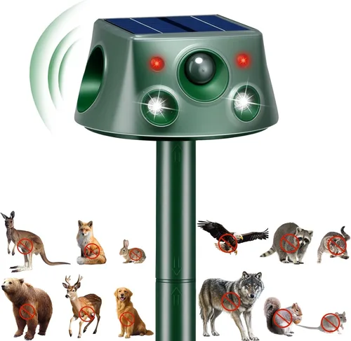 Repelente solar de animales de 360° mejorado: repelente de gatos al aire libre | Repelente ultrasónico de plagas con detección de movimiento y