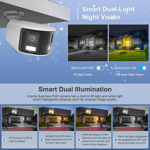 Miniatura 7 de Anpviz Cámara de seguridad de doble lente de 180° 6MP, vista panorámica de 180 grados, cámara IP POE con cable, luz de destello estroboscópica roja