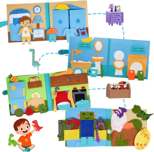 Miniatura 2 de BizyKoady - Libro de actividades de fieltro Montessori para niños pequeños, libro silencioso de juego de simulación, aprendizaje temprano