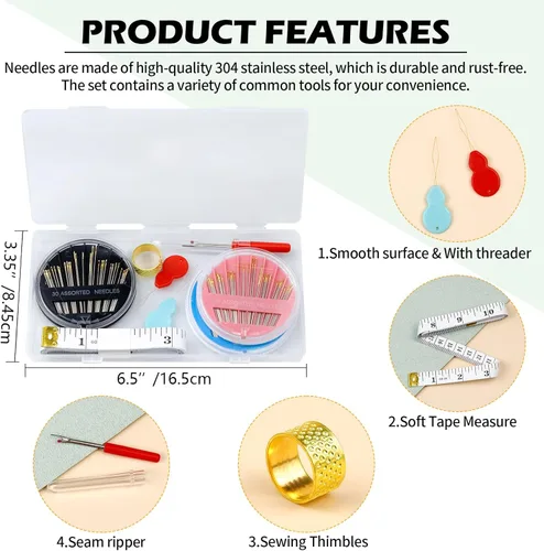 Miniatura 2 de FIVEIZERO Juego de agujas de coser a mano premium, 90 agujas de bordar surtidas con enhebradores, cuchillo para quitar hilos, dedal, cinta métrica