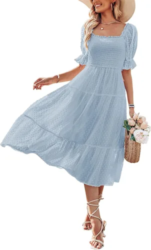 MEROKEETY - Vestido de verano con lunares suizos para mujer vestido midi con cuello cuadrado, mangas abombadas, volados, lazo en la espalda y estilo