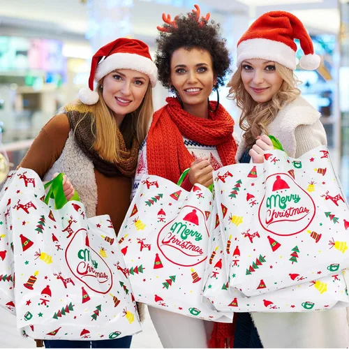 Miniatura 6 de Fulmoon 200 bolsas de regalo de Navidad extragrandes de plástico con asas, reutilizables, mercancía, compras, venta al por menor, bolsas