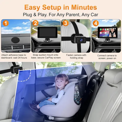 Miniatura 6 de Cámara de coche para bebé con pantalla inalámbrica CarPlay de 7 pulgadas, compatible con Apple CarPlay y Android Auto, cámara de coche de visión