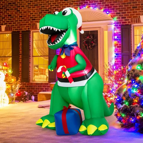 Miniatura 11 de Tangkula Mordedura inflable de dinosaurio de Navidad iluminada de 6 pies, caja de regalo, decoración inflable de Navidad con luces LED y caja