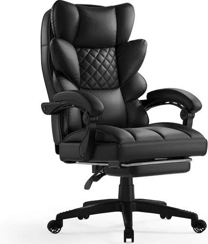 Dowinx Silla de oficina grande y alta con cojín de resorte de bolsillo, sillas de juegos de computadora de respaldo alto con reposabrazos de PU-Negro