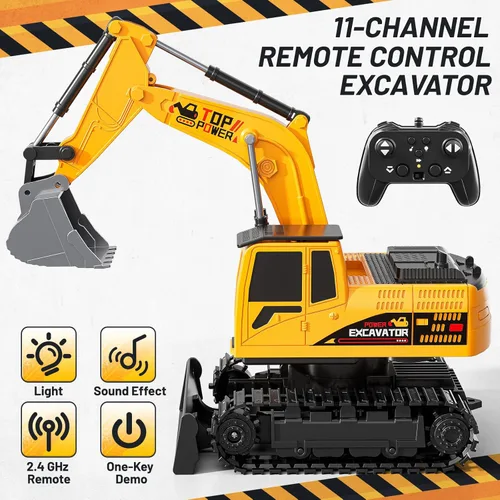 Miniatura 3 de Excavadora de juguete a control remoto para niños de 6 a 12 años, 11CH 2.4 GHz, excavadora de arena RC con pala de metal, luces/sonidos, juguetes