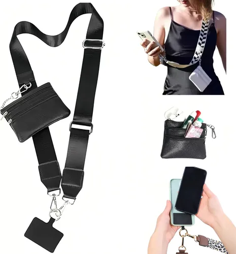 Soporte cruzado para teléfono para mujer, nueva correa de teléfono con bolsa con cremallera, correa cruzada ajustable Negro