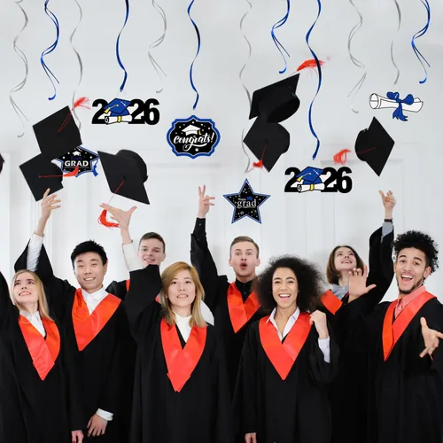 Miniatura 7 de LINGTEER Congrats Grad, Class of 2026 Swirls Streamers – 12 piezas para la escuela/hogar 2026 decoración de graduación espirales de graduación – Azul
