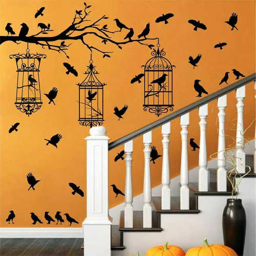 Miniatura 6 de Calcomanías de pared de ramas de árbol de Halloween, cuervo negro, pájaro, pájaro, pelar y pegar, calcomanías de cuervo para jaula de pájaro, Jaula
