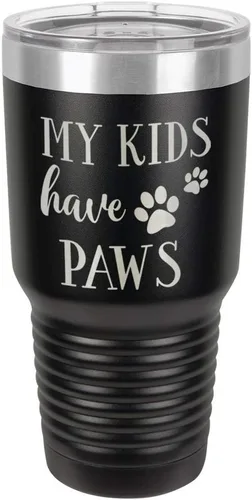Vaso grabado con texto en inglés "MY KIDS HAVE PAWS Engraved 30oz de acero con recubrimiento de polvo grabado con láser" taza de viaje de camello