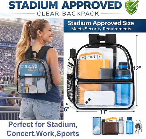 Miniatura 2 de Mochila transparente Oraben para eventos de estadio, mochila transparente para estadio 12x6x12, Negro, Pequeño