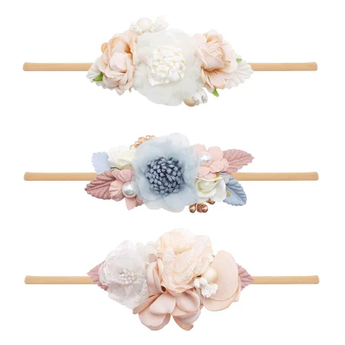 Miniatura 23 de Diademas de flores de nailon para bebé niña, con moños de flores, accesorios elásticos para el cabello, corona, envolturas florales hechas a mano