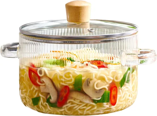 Le'raze Olla de cocina de vidrio con tapa, 1.6 L (54 onzas), resistente al calor, juego de ollas de cocina de vidrio de borosilicato, olla a fuego