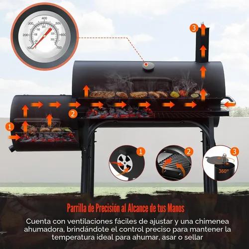 Miniatura 6 de Parrilla de carbón con ahumador offset: parrillas de carbón con área de cocina espaciosa Combo de parrilla de barril y ahumadores para patio
