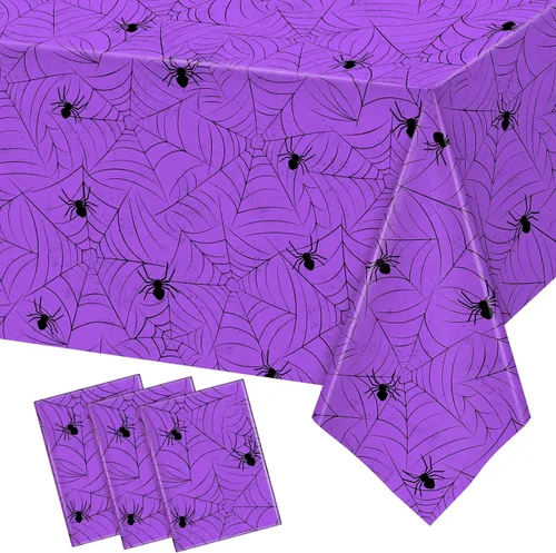 Miniatura 10 de TREWAVE Paquete de 3 manteles rectangulares de tela de araña de Halloween, manteles de plástico de gran tamaño para decoración del hogar