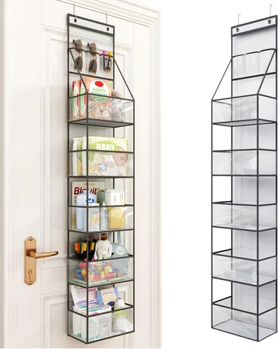 Fixwal Organizador colgante de despensa con 6 estantes para colgar sobre la puerta, con bolsillos de plástico transparente detrás de la puerta,
