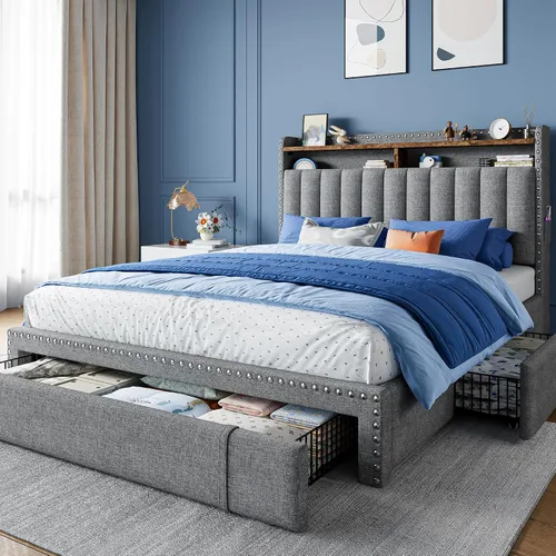 Miniatura 11 de EnHomee Marco de cama Full tapizada con 3 cajones de almacenamiento, cabecera de almacenamiento de 2 niveles, marco de cama de plataforma