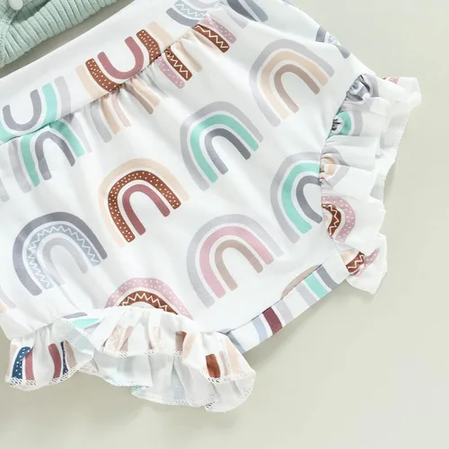 Miniatura 109 de TheFound Trajes de verano para niñas pequeñas, sin mangas, de punto acanalado, halter, pantalones cortos, ropa para recién nacidos, conjunto de 3