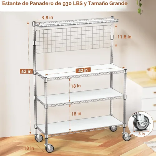 Miniatura 3 de Leteuke Estante para panaderos con almacenamiento y ruedas, estante de cocina de 42 pulgadas para microondas, estante de almacenamiento resistente
