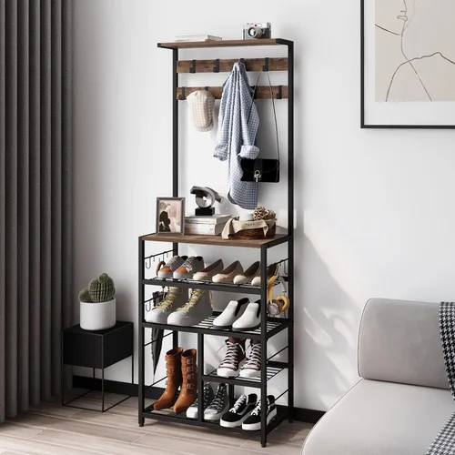 Miniatura 3 de GiftGo Árbol de pasillo grande vintage de 5 niveles con mesa de consola, entrada, perchero de pie para zapatos, estante organizador para el hogar