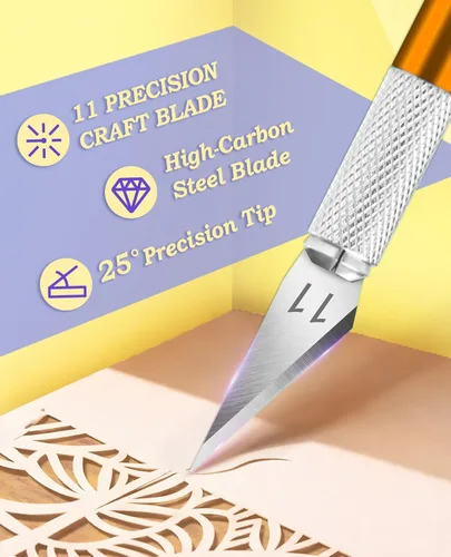 Miniatura 3 de DIYSELF 1 cuchillo de manualidades con kit de 11 cuchillas de acero inoxidable, 1 regla de acero de 0.59 pulgadas para arte, álbumes de recortes