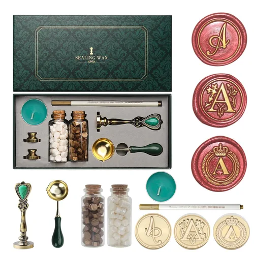 Miniatura 12 de Kit de sello de cera de letras Andotopee con sello de cera de alfabeto inicial G, 3 piezas, sellos de cera de cuentas perla blanca y dorada vintage